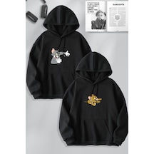 Macklin Sevgili Çift Kombin Tom Ve Jerry Kuyruklu Baskılı Özel Tasarım Kapüşonlu Sweatshirt 2li Set Takım Siyah Mck1085 Siyah