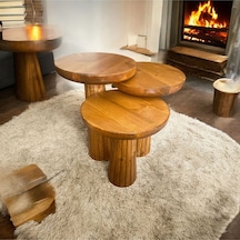 Simillo Wood Wooden Ahşap 3 Lü Set Fitilli Mantar Yan Sehpa Modern Tik Ağacı Renk Fiskos Tik Ağacı