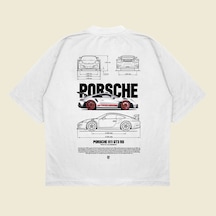 Tarzsokak Gray Porsche 911 Baskılı Oversize Unisex Pamuklu Nefes Alan Kalın Kumaşlı Beyaz