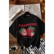 Strawberry Active Lifestyle Bisiklet Yaka Eskitme Baskılı Rahat Kesim Tişört SIYAH