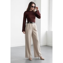 Madmext Vizon Yüksek Bel Pileli Kemerli Geniş Paça Kadın Pantolon Mg2615 Vizon