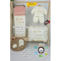 Gros Shop Müslin Yeni Doğan 4katlı Organik %100pamuk Kişiye Özgü Nakışlı Hastane Çıkış Seti Papatya Model-6 Ekru-1