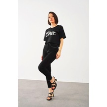 Taş İşlemeli Chic Baskı T-shirt-siyah Siyah
