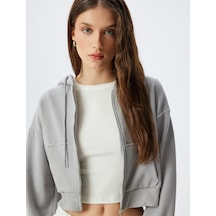Koton Crop Kapüşonlu Fermuarlı Sweatshirt Cepli Uzun Kollu Gri 5wak10056ek Gri