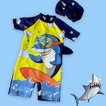 Lolliboomkids Erkek Çocuk Kısa Kol Sırt Fermuar Sevimli Jaws Surfer Desen Hipster Yüzücü Mayo Bone Hediyeli Lacivert - Sarı