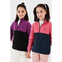 Lela Yumuşak Dokulu Yarım Fermuarlı Renk Bloklu Dik Yaka 2'Li Paket Çocuk Polar 5905004S2 Fuşya Lacivert-Mor Siyah