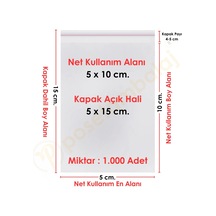5x10+5 Cm. 5x15 1.000 Adet Şeffaf Bantlı Yapışkanlı Opp Poşet