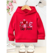 Kışlık Kapüşonlu Sweatshirt, Çocuk Love Like Jesus Baskılı Kırmızı