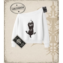 Tarzsokak Gotik & Grunge Streetwear Cat Retro 6 Kayık Yaka Sweatshirt Beyaz