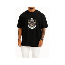 Bahriyeli Collection Oversize Mustache Skull Pirate Göğüs Tasarımlı Unisex T-shirt SIYAH