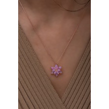 Pembe Opal Taşlı 925 Ayar Gümüş Lotus Kolye
