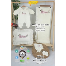 Gros Shop Müslin Yeni Doğan 4katlı Organik %100pamuk Kişiye Özgü Nakışlı Hastane Çıkış Seti Güllü Mode-3 Ekru