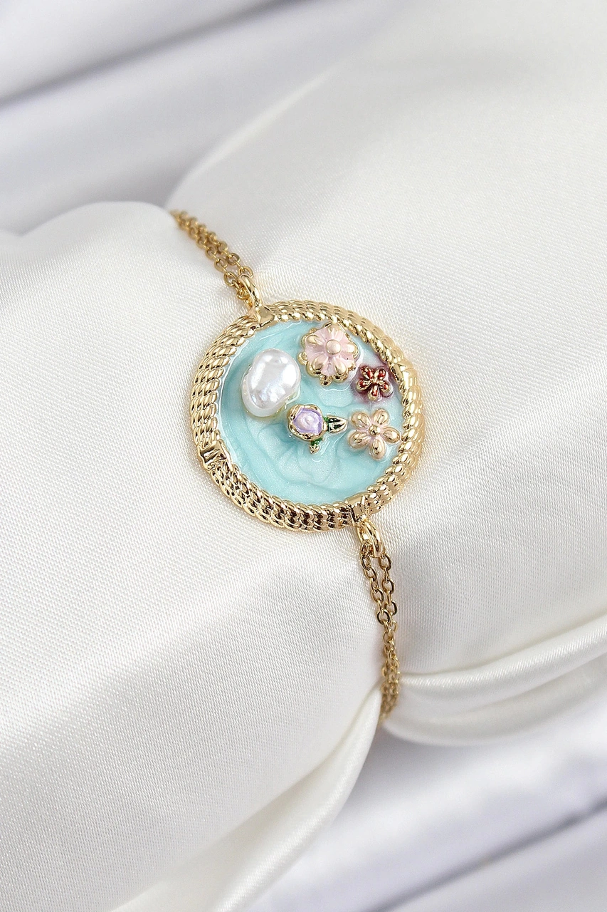 Dodes Dodes 316l Çelik Zincir Turkuaz Mineli Sanatsal Portre İnci Detaylı Çiçek Model Gold Renk Kadı Çok Renkli