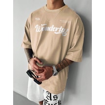 Wonderful Süprem T-shirt - Bej Baskılı Oversize Bisiklet Yaka Tişört Bej
