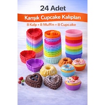 Silikon Karışık Mini Kek Kalıbı, Muffin + Kalp + Cupcake Kalıbı, Tekrar Kullanılabilir-24 Adet Çok Renkli - 904961942 Çok Renkli