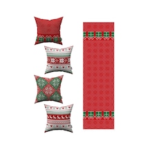 Kırmızı Yılbaşı Temalı 4'lü Kırlent Kılıfı 1 Runner Seti 4kmbs060-rs-04