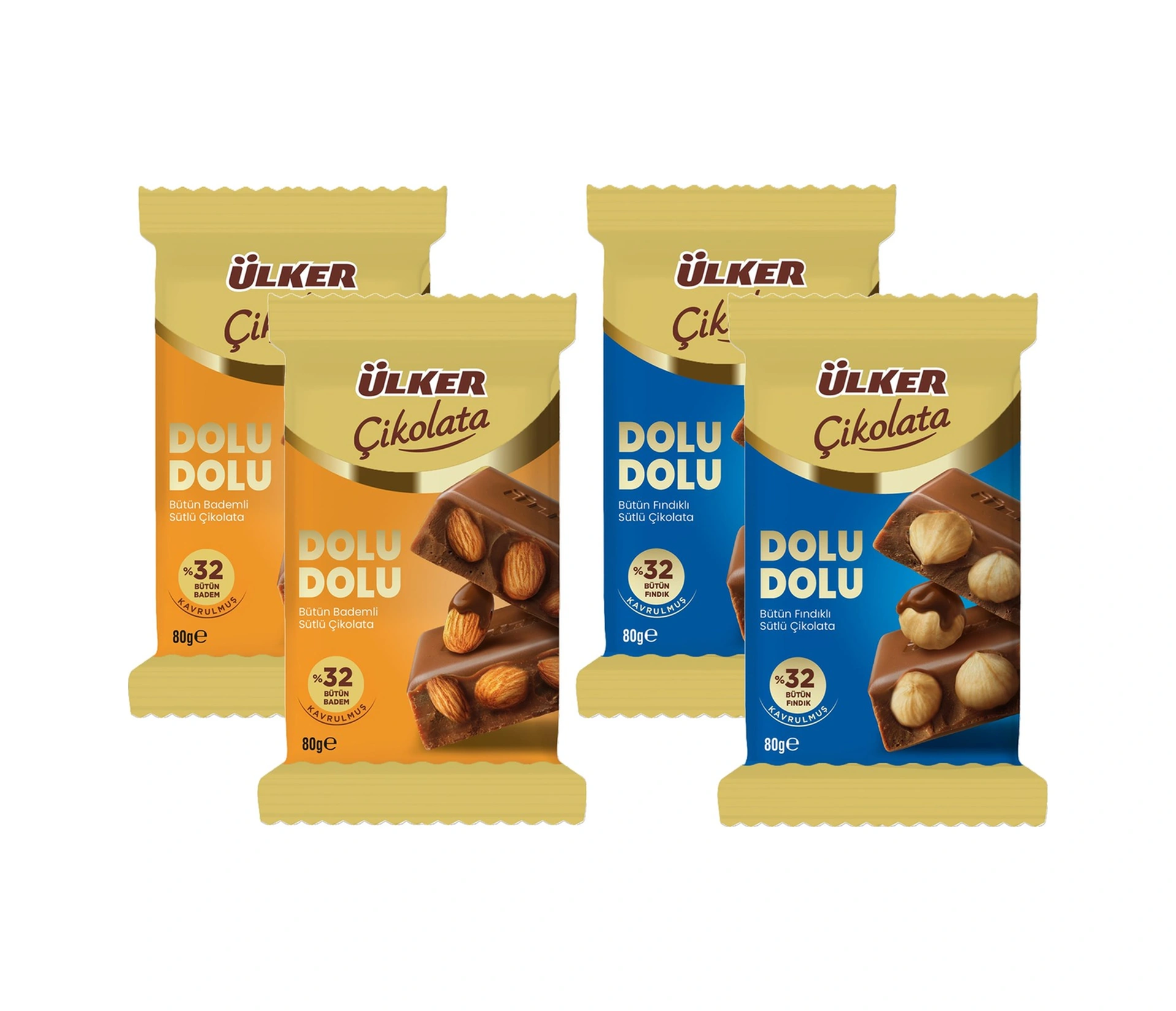 Ülker Dolu Dolu Sütlü Bütün Fındıklı Ve Bademli Çikolata 80 Gr 4 Lü Karma
