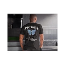 Erkek Tişort Bisiklet Yaka Kelebek Baskılı Kısa Kol T-shirt - Siyah