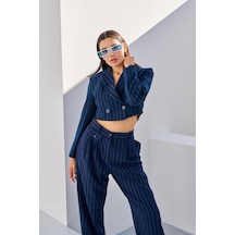 Quzu Çizgi Detaylı Crop Ceket Lacivert