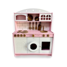 Ahşap Büyük Boy Pembe-beyaz Montessori Mutfak Oyuncak Set