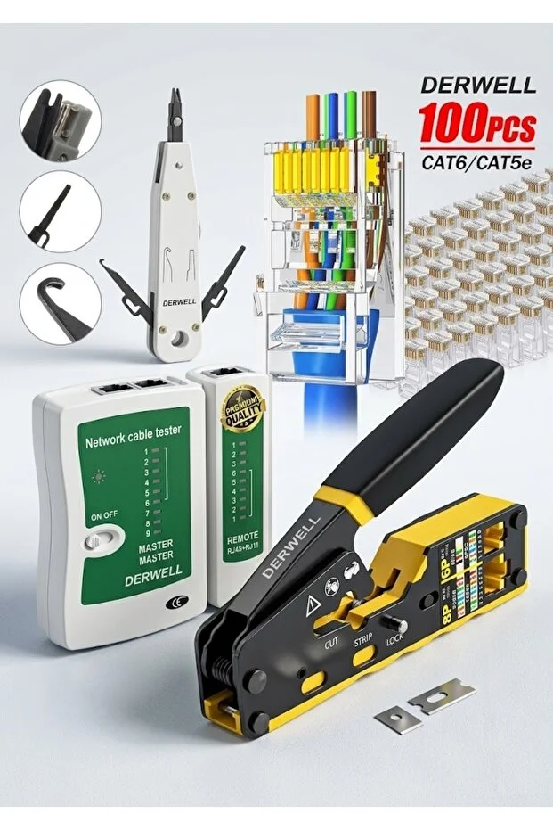 Yeni Nesil Ez Cat6/cat7 Pense + Rj45 Rj11 Test Cihazı + Krone Bıçağı Kep Kep + 100 Adet Yeni Nesil Delikli Jak
