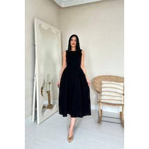 Siyah Yanları Büzgülü Midi Boy Keten Elbise Çok renkli