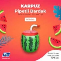 Marka Karpuz Desenli Pipetli Bardak, 900 Ml Kapasiteli, Çok Renkli Açık Kırmızı