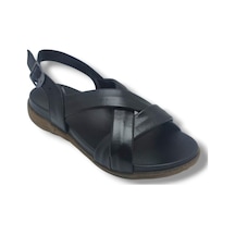 Ellanor S-687-26 Hakiki Deri Çapraz Bant Anatomik Taban Kadın Sandalet Siyah