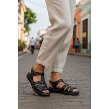 Ceyo Kadın Hakiki Deri Sandalet Ortopedik Rahat Cırtlı Günlük Siyah 0357