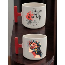 Çiçek Ve Kadın Baskılı 2'li Latte Bardağı Seramik Kupa - Seramik Çay, Kahve Hediyelik Bardağı Beyaz