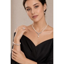 Chavin İnci Gümüş Kolye Küpe Bileklik Yüzük Takım Set Ey66 Beyaz