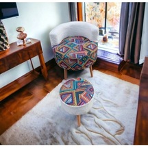 Çay Seti Tekli Koltuk Berjer Ve Puf Takımı Salon, Balkon, Ofis 2 Li Takım Beyaz Üst Etnik Desen
