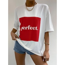 Flood Of Style Kadın Beyaz Kırmızı Perfect Baskılı Oversize Bisiklet Yaka Tişört