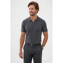 Tudors Erkek Slim Fit Dar Kesim Pamuklu Kısa Kollu Çizgili Antrasit Polo V Yaka Tişört-51129