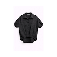Mixray 4901 Kadın Polo Yaka Yarım Patlı Kraş Dokulu Crop Gömlek Siyah