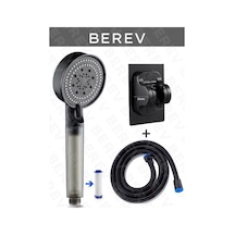 Berev  Filtreli 5 Fonksiyonlu Yüksek Basınçlı Ayarlanabilir Duş Başlığı 150 Cm Siyah Hortum Yapışkanlı Duş Başlığı Askısı Mafsal Siyah