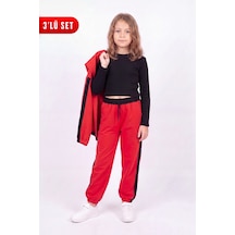 Panios Kids Kız Çocuk Fitilli Crop Ve Şerit Detaylı Eşofman Takımı Seti Kırmızı