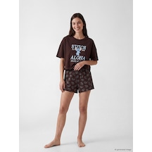 Lcw Young Kahverengi Stitch Baskılı Kadın Şortlu Pijama Takımı