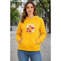 Herkesemoda Joy Çiçek Baskılı Kapüşonlu 2 İplik Şardonlu Sweatshirt Sarı