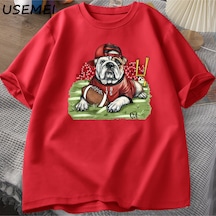 Flood Of Style Go Buldog T Shirt Komik Futbol Buldog Grafik % Baskılı Tişört Pamuk Kısa Kollu T-shirt Street Kırmızı