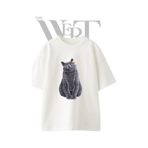 Thewert Gri Kedi Kulaklik Tasarım Baskılı Ünisex Beyaz Oversize T-shirt