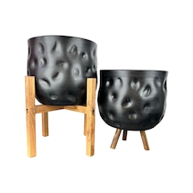 Bitki Tasarımı Ev Dekorasyon Aksesuar Siyah Desenli Toprak Saksı Saksılık Salon Çiçeklik İkili Set 4 Ayak -3 Ayaklı 19 Cm