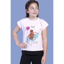 Toontoy Kids Toontoy Kız Çocuk Garni Detaylı Taş İşlemeli Baskılı Tişört Pudra