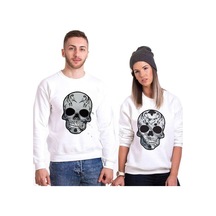 Tshirthane Skull Sevgili Kombinleri Unisex Sweatshirt Kırık Beyaz