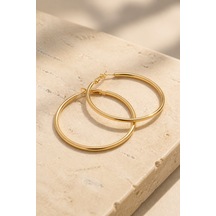 Gold Renk 46 Mm Düz Çelik Klasik Halka Küpe - Minimalist Klipsli Halka Küpe