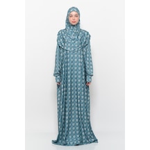 Pratik Tek Parça Güneş Desenli Kollu Tak Çıkar Başörtülü Likralı Tesettür Namaz Elbisesi 990-0302 Zümrüt Antrasit