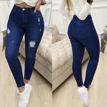 Efnaz Style Kadın Yüksek Bel Yırtık Desenli Skınny Kot Pantolon Lacivert