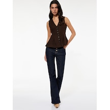 Koton Koton X Sibil Çetinkaya - Düğmeli V Yaka Peplum Blazer Yelek Kahverengi 6wak20027pw Kahve