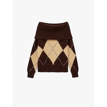 Koton Uzun Kollu Omzu Açık Baklava Desenli Triko Oversize Kazak Kahverengi Desenli 6wak90566ht Kahverengi
