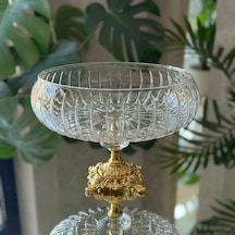 Lotus Kristal 24 Cm Kesme Dekor Metal Ayaklı Salata Kasesi Cam Sunumluk- Servis Tabağı Diğer